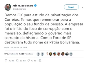 Através do Twitter, Presidente anuncia a aprovação do estudo de privatização dos Correios