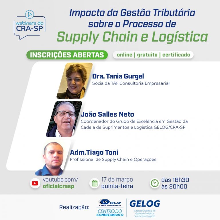 Nesta quinta (17), das 18h30 às 20h, acontecerá o webinar “Impacto da Gestão Tributária sobre o Processo de Supply Chain e Logística”.