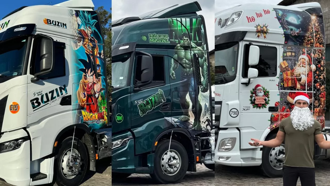 Caminhões personalizados com os temas Dragon Ball, Hulk e Papai Noel, respectivamente | Foto: Divulgação