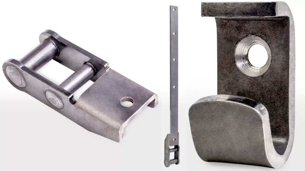 Dobradiça 95mm Linha Leve, Dobradiça 95mm com suporte 343mm Linha Leve e o Engate G espessura 4,75mm Linha Leve, respectivamente