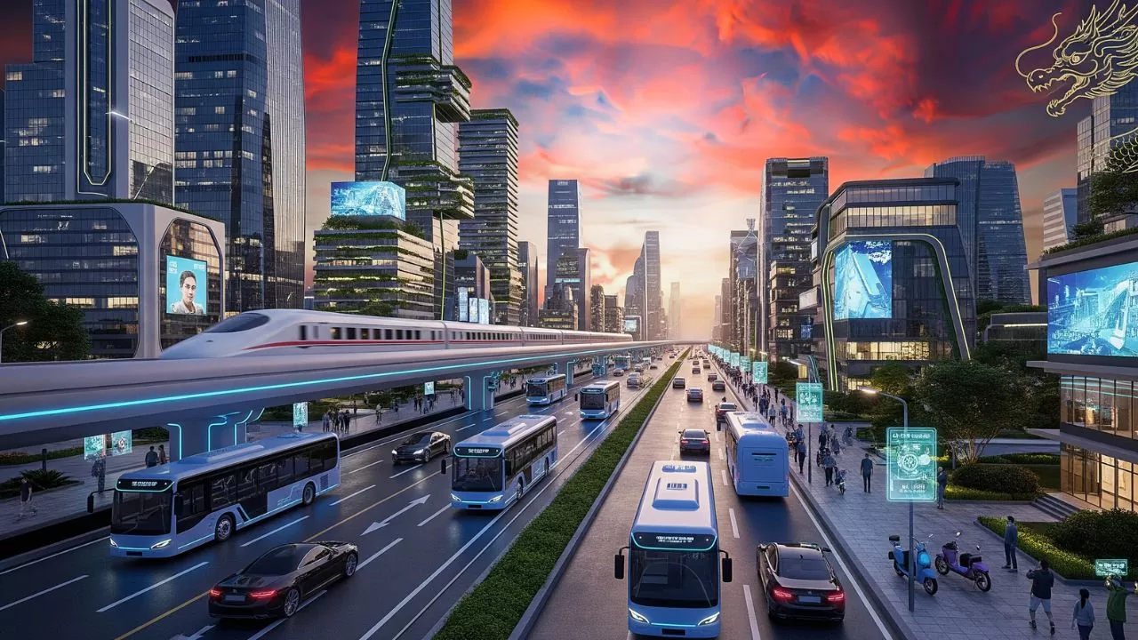 Cena de mobilidade urbana em cidade inteligente da China gerada por IA