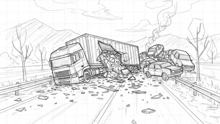 Cena de acidente com caminhão e automóveis gerada por IA