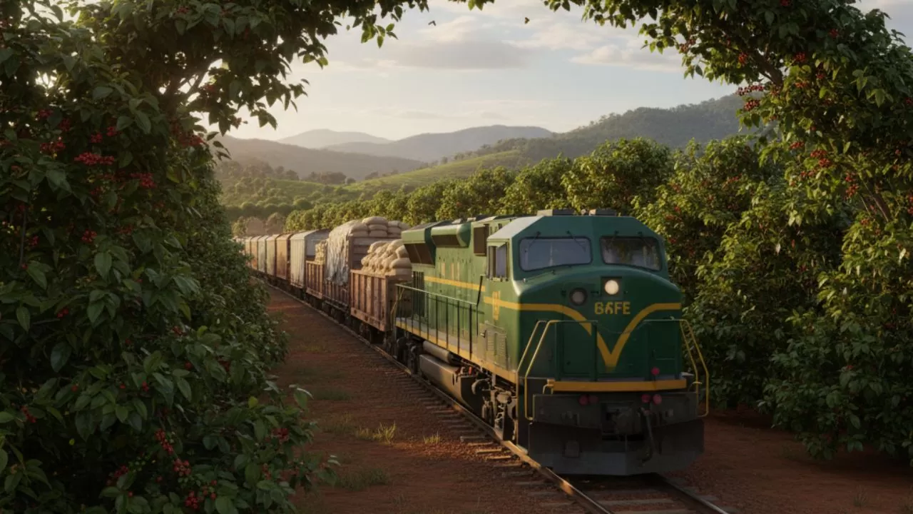 Trem cargueiro entre cafezais