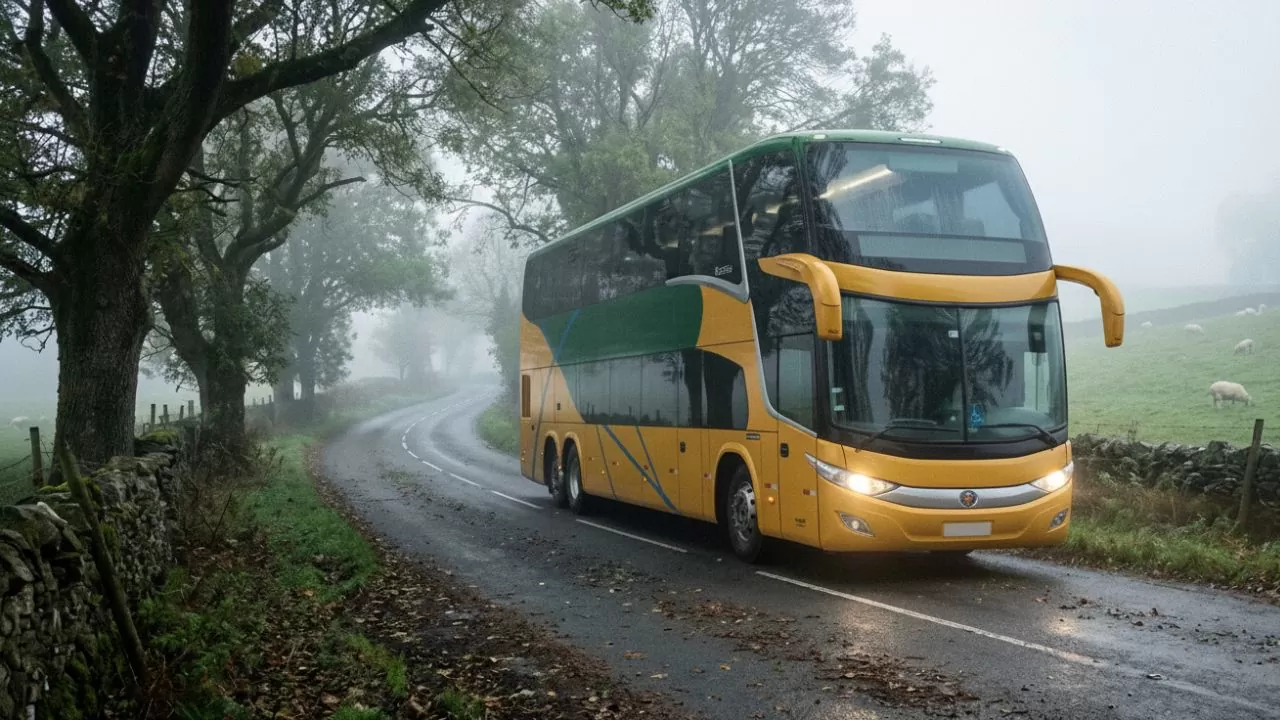 ônibus rodoviário DD trafegando sob névoa na estrada