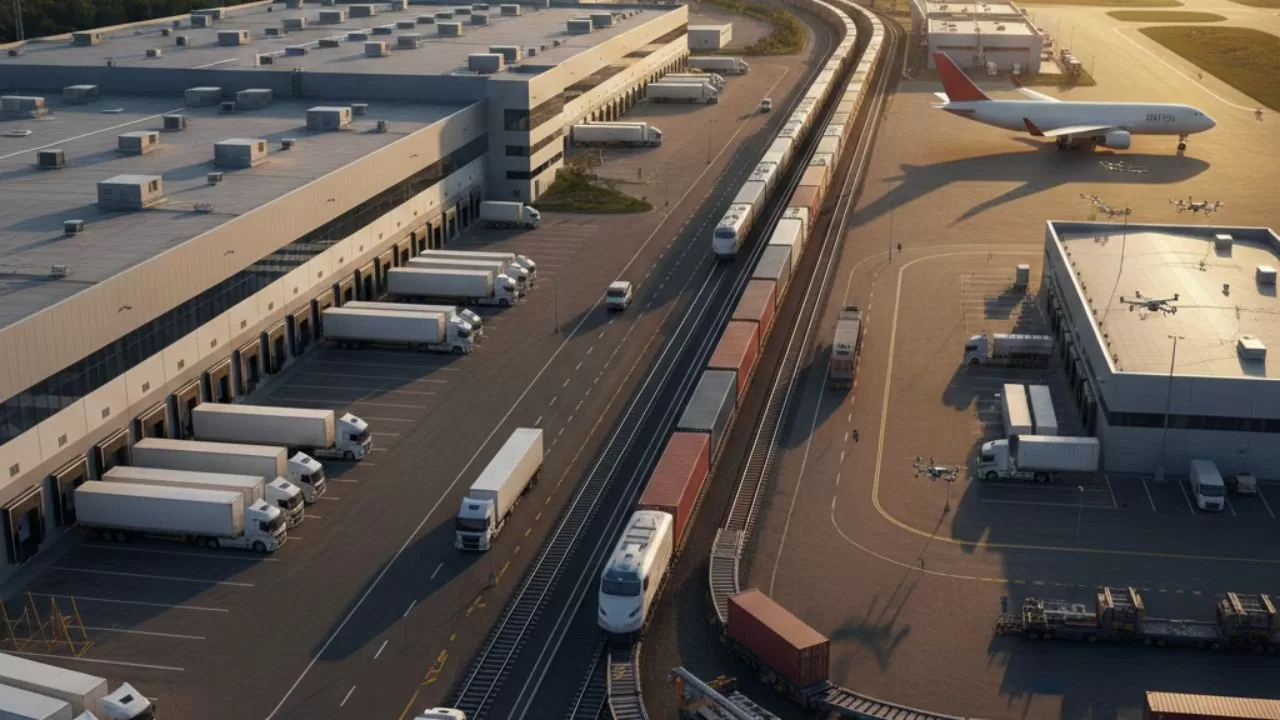 Imagem de logística multimodal meramente ilustrativa gerada por IA