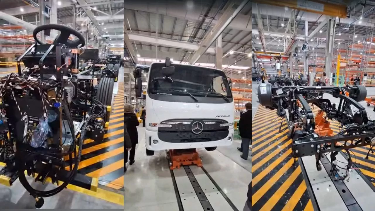 Linha de montagem na nova fábrica de caminhões e ônibus da Mercedes Benz na Argentina