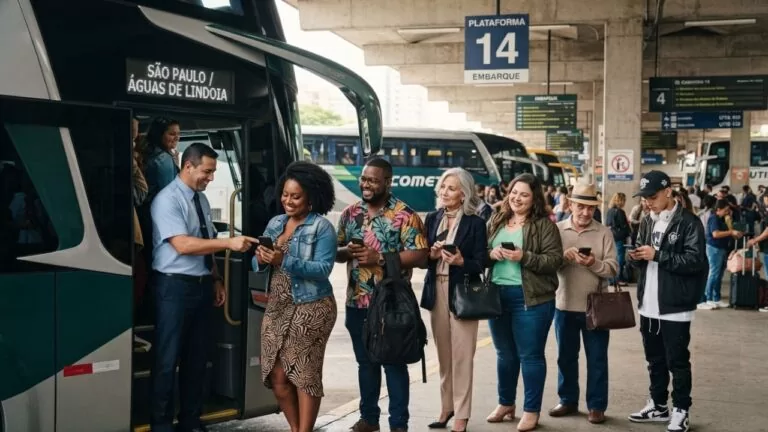 Imagem meramente ilustrativa de embarque de passageiros numa rodoviária gerada por IA
