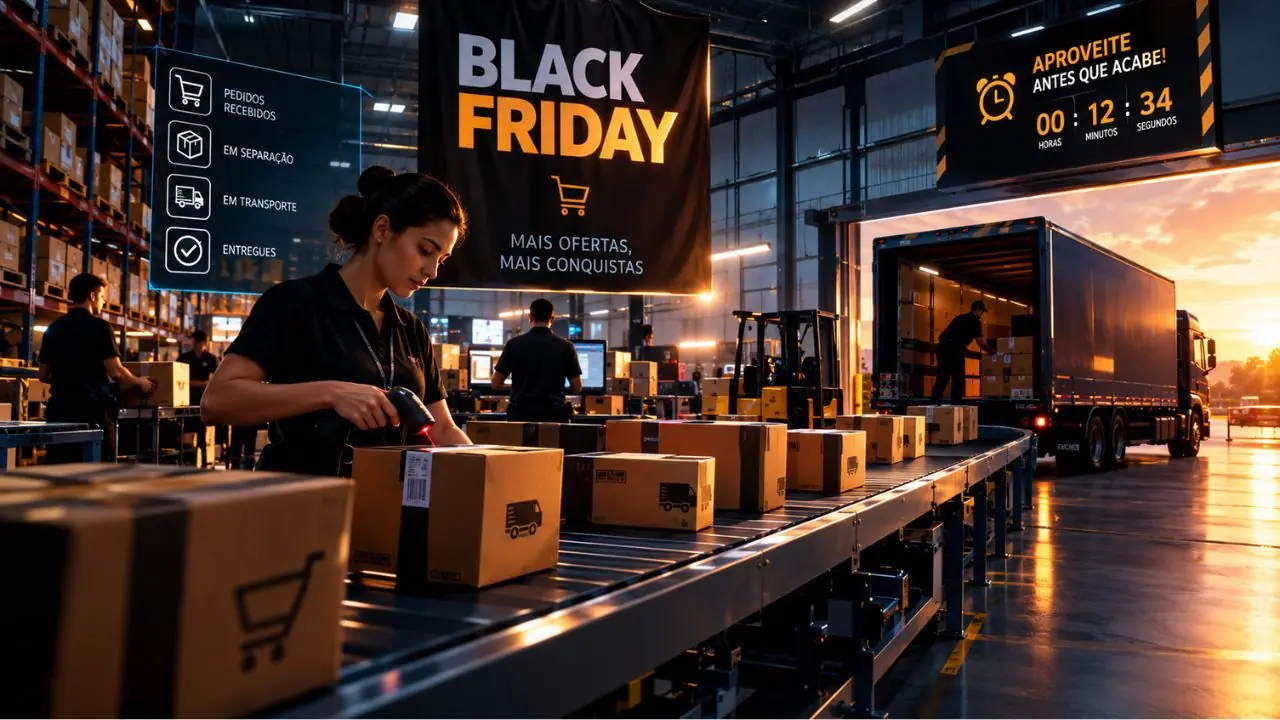 Imagem de logística de Black Fiday meramente ilustrativa gerada por IA